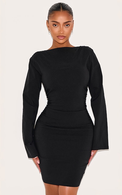 Shape Black Stretch Woven Boat Neck Ruched Waist Mini Dress