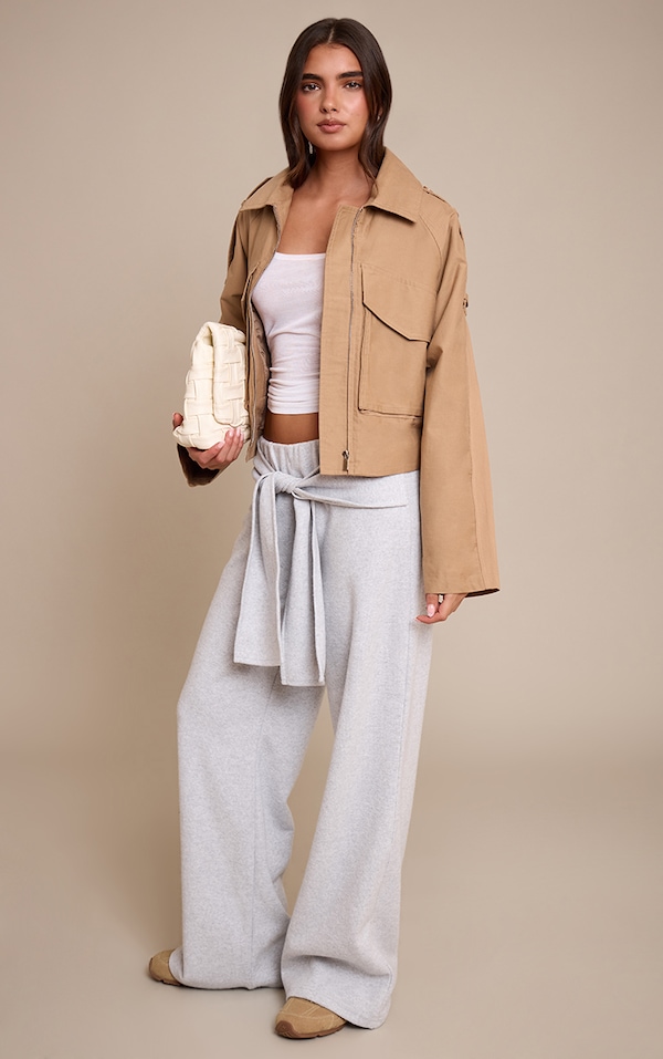 Grey Heavy Rib Wrap Waist Detail Wide Leg Pant 