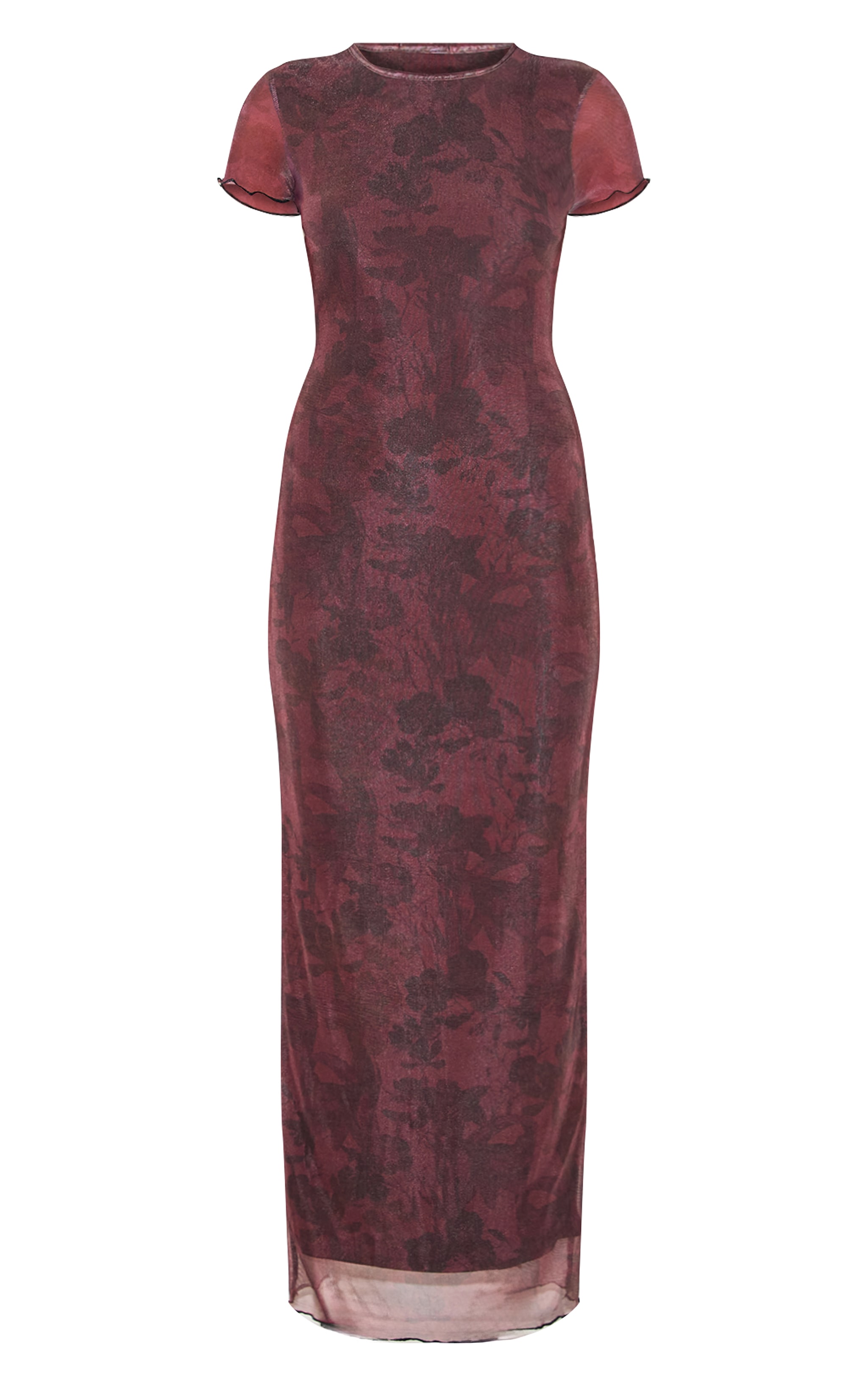 Burgundy Floral Print Mesh Short Sleeve Maxi Dress image 5