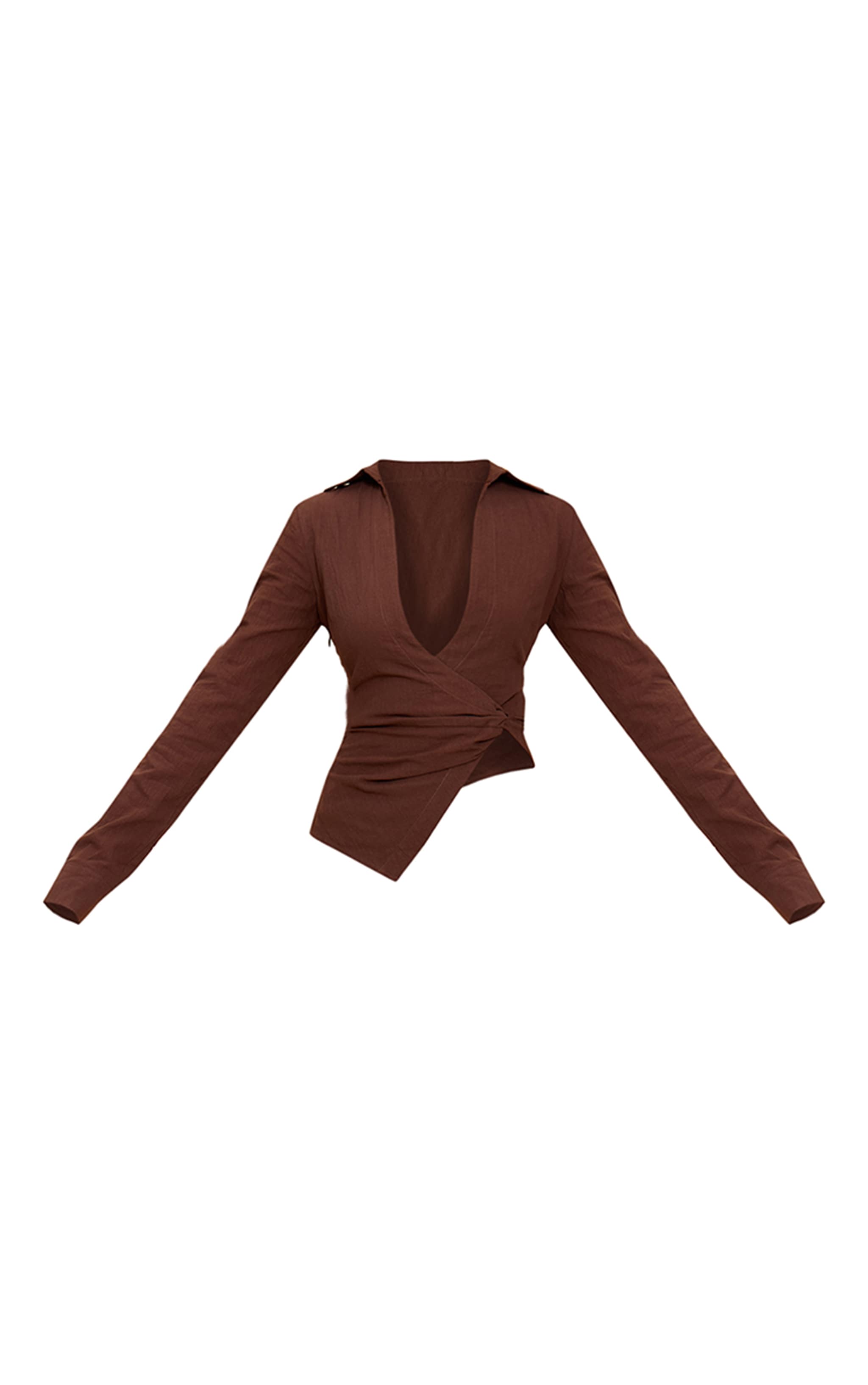 Dark Brown Linen Look Twist Plunge Shirt image 5