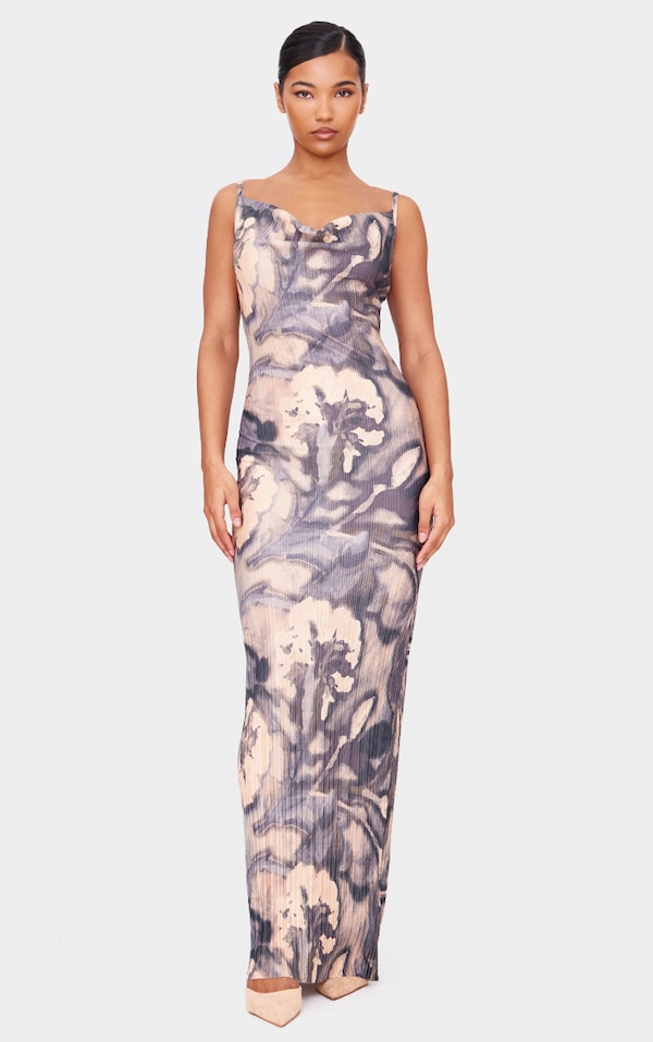 Robe longue bleue fleurie plissée à bretelles 