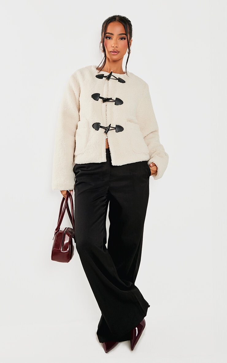 Women s Petite Cream Borg Longline Clasp Detail Jacket Size 8