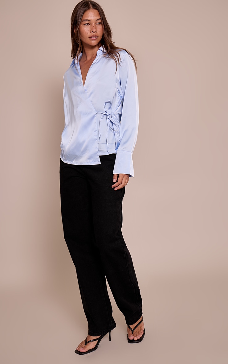 Blue Satin Tie Waist Detail Slouchy Shirt image 3