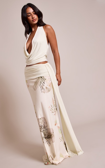 Petite Cream Printed Ruched Waist Maxi Skirt