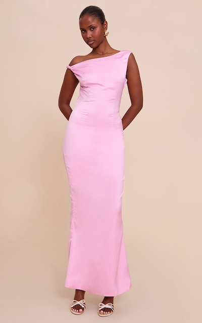 Candy Pink Satin Asymmetric Bardot Twist Maxi Dress