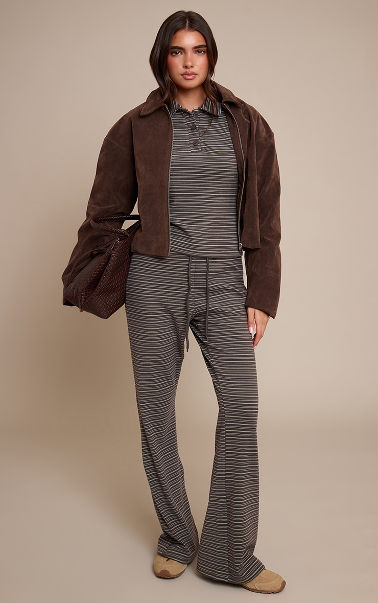 Chocolate Soft Fleece Pinstripe Collar Detail Long Sleeve Top  image 3