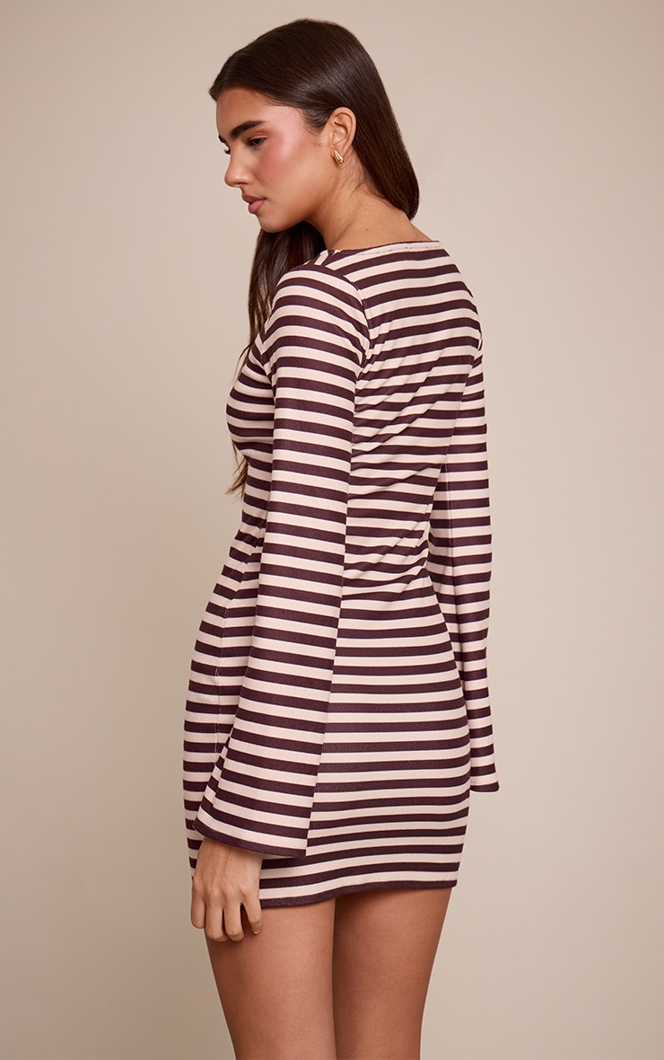 Chocolate Brushed Rib Striped Long Sleeve Mini Dress image 2