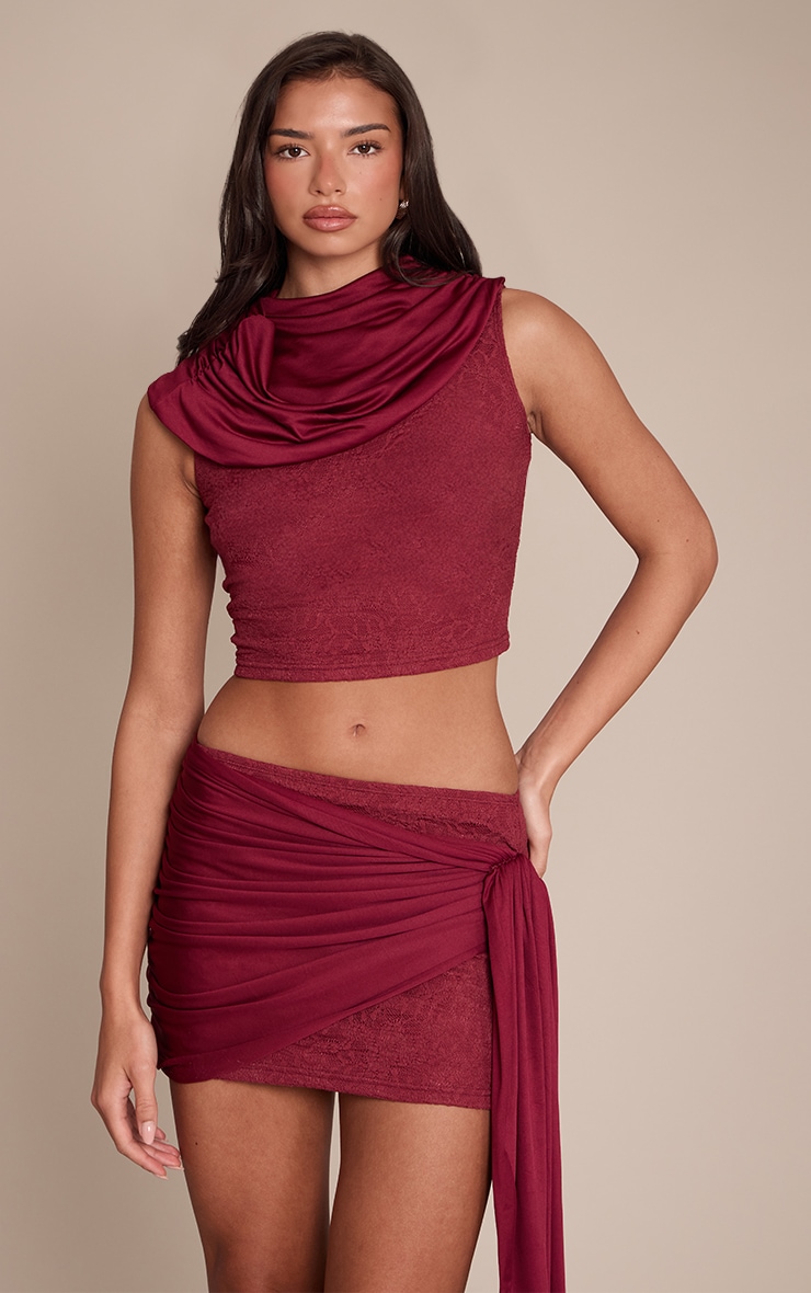 Dark Wine Lace Slinky Ruched Cape Crop Top  image 1