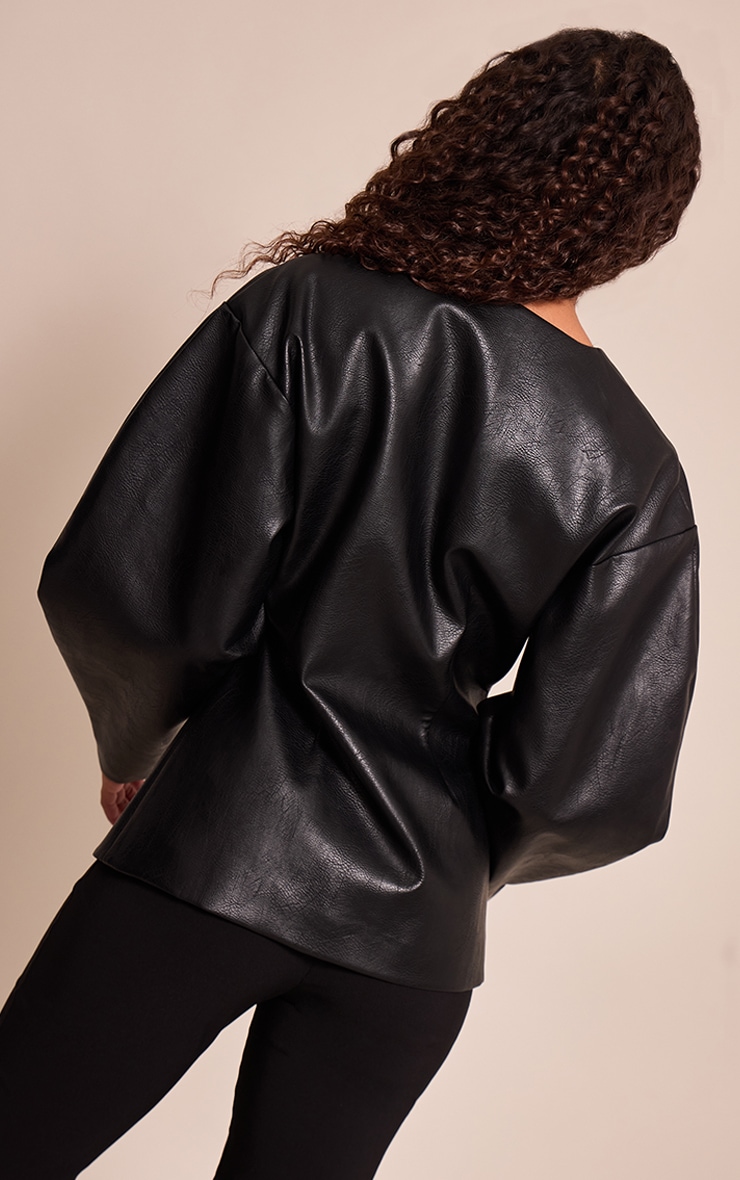 Black Leather Look Cinched Waist Blazer image 2