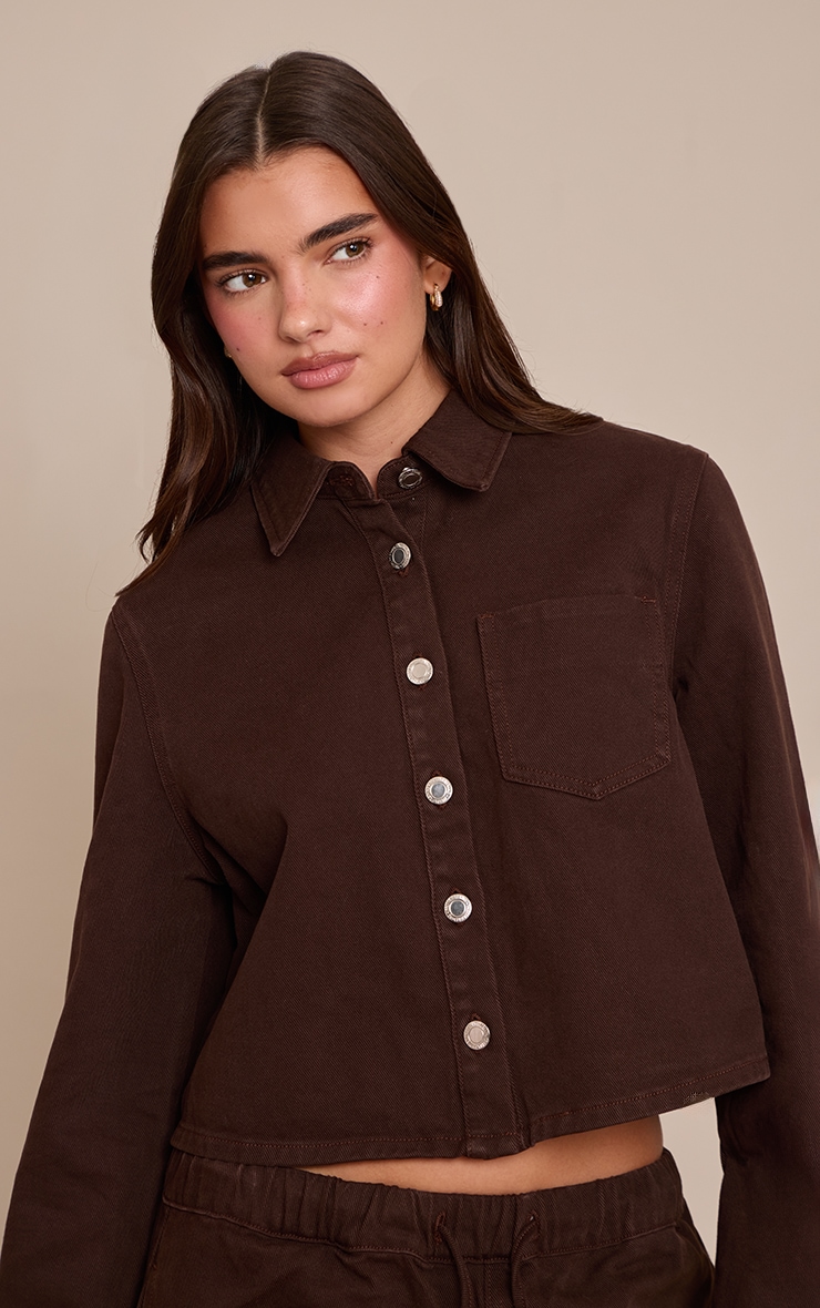 Chocolate Raw Hem Cropped Denim Shirt image 4