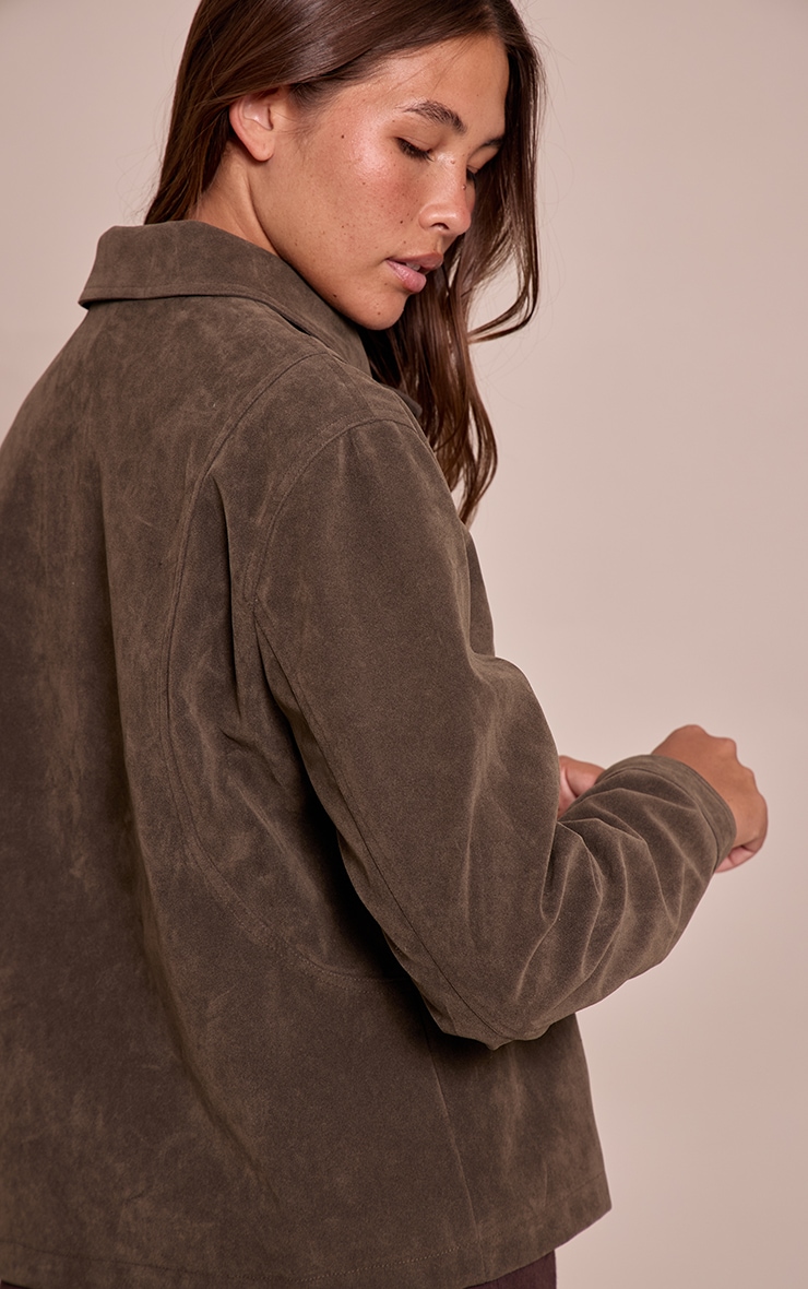 Khaki Faux Suede Concealed Placket Bomber Jacket image 2