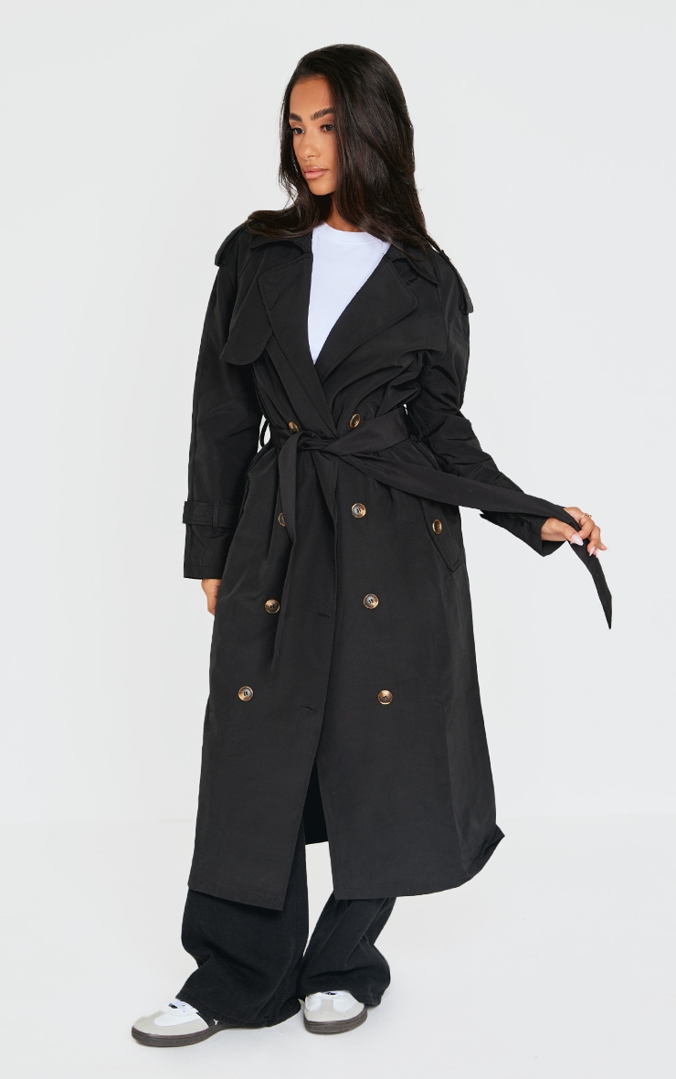 Petite Black Tie Waist Trench Coat image 3