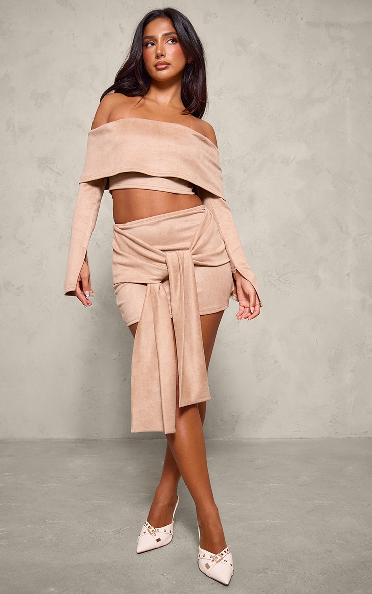 Petite Light Brown Faux Suede Long Sleeve Off The Shoulder Crop Top image 3