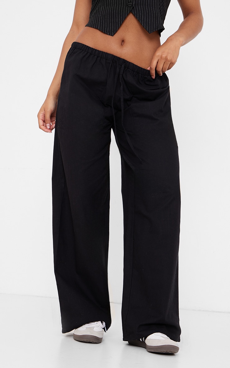 Black Cotton Linen Blend Drawstring Waist Pants image 2