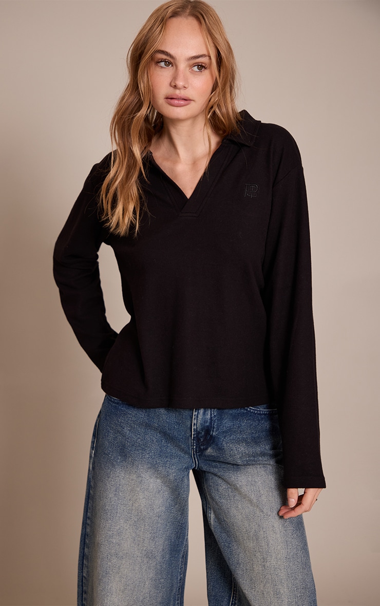 Black Embroidered Longline Collar Top