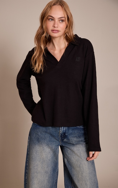 Black Embroidered Longline Collar Top