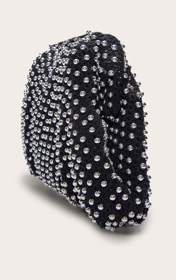Black Crochet Silver Studded Clutch Bag image 4