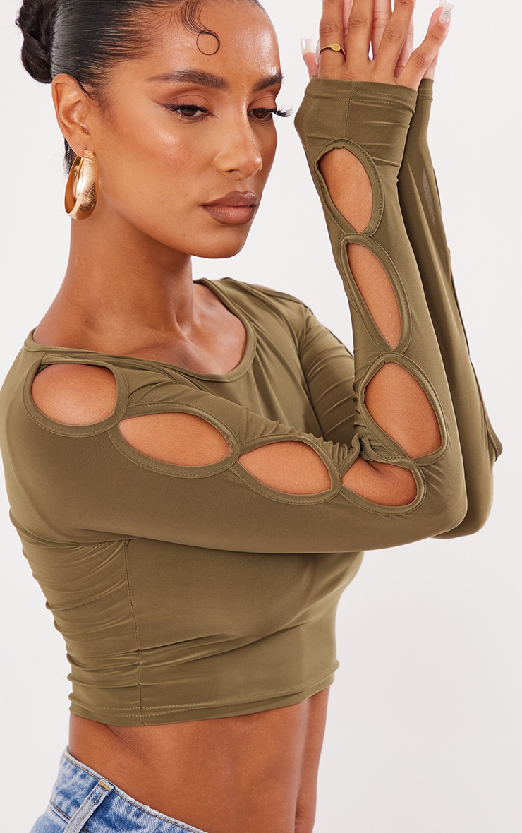 Olive Slinky Cut Out Sleeve Crop Top image 4
