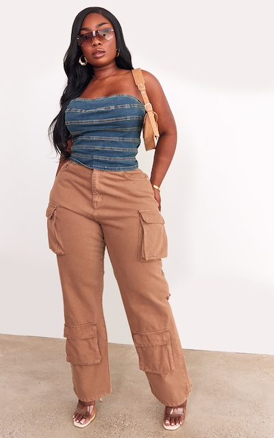 Plus Indigo Vintage Wash Seam Detail Stretch Denim Corset