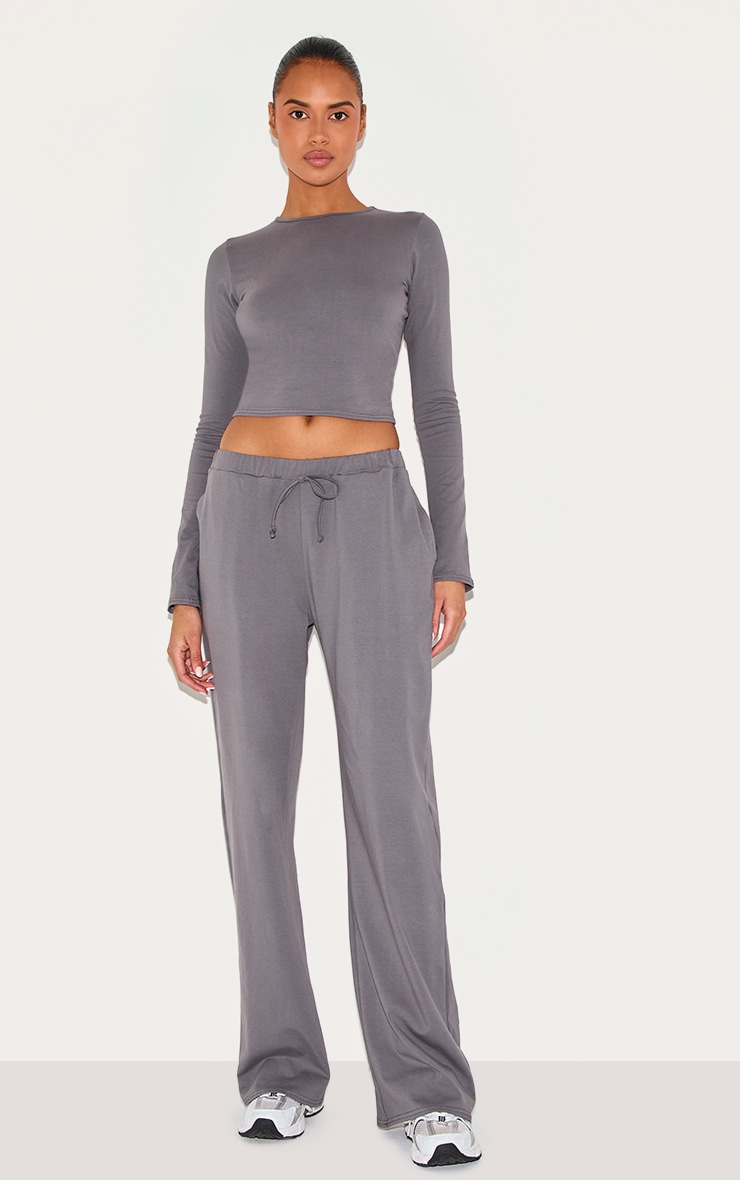 Charcoal Cotton Long Sleeve Crew Neck Top image 3