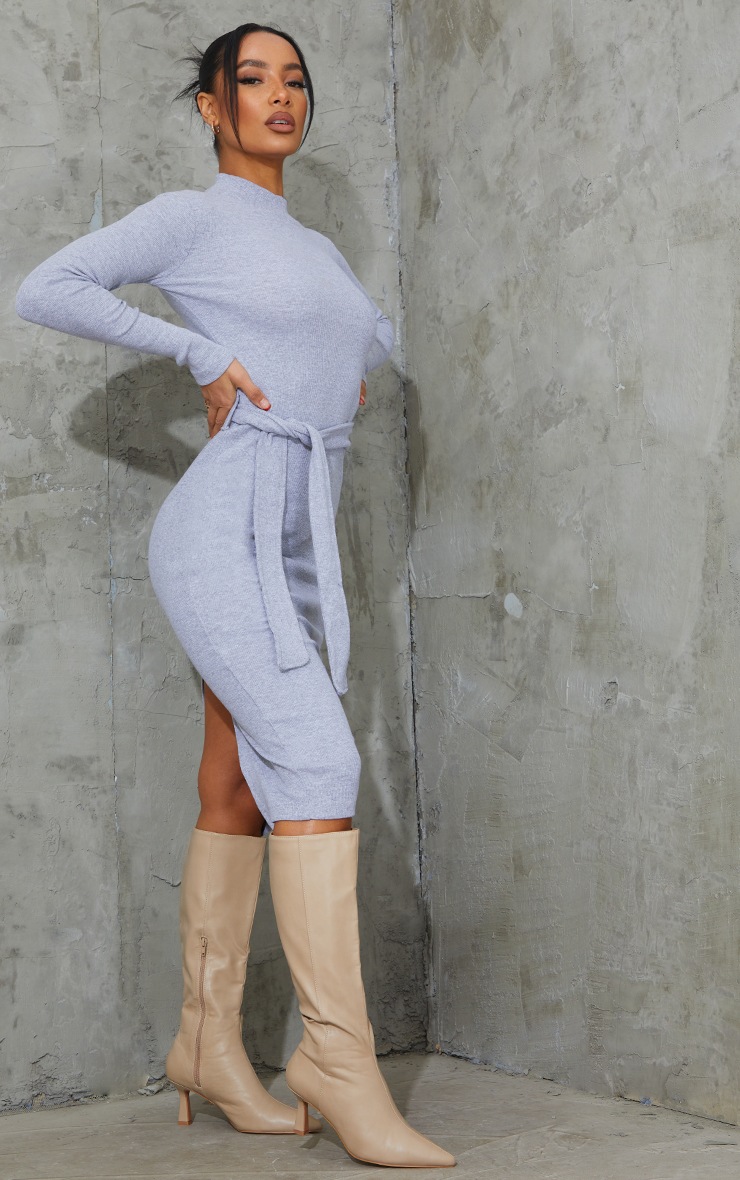 Grey Rib High Neck Waist Tie Midi Dress