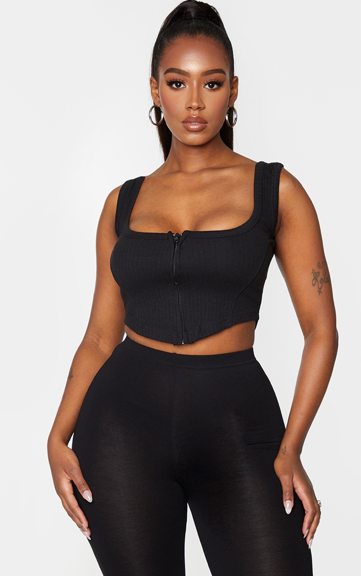 Shape Black Thick Rib Zip Crop Top