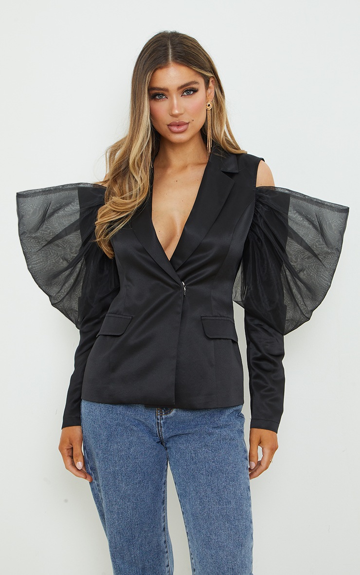 Black Woven Cut Out Puff Sleeve Blazer