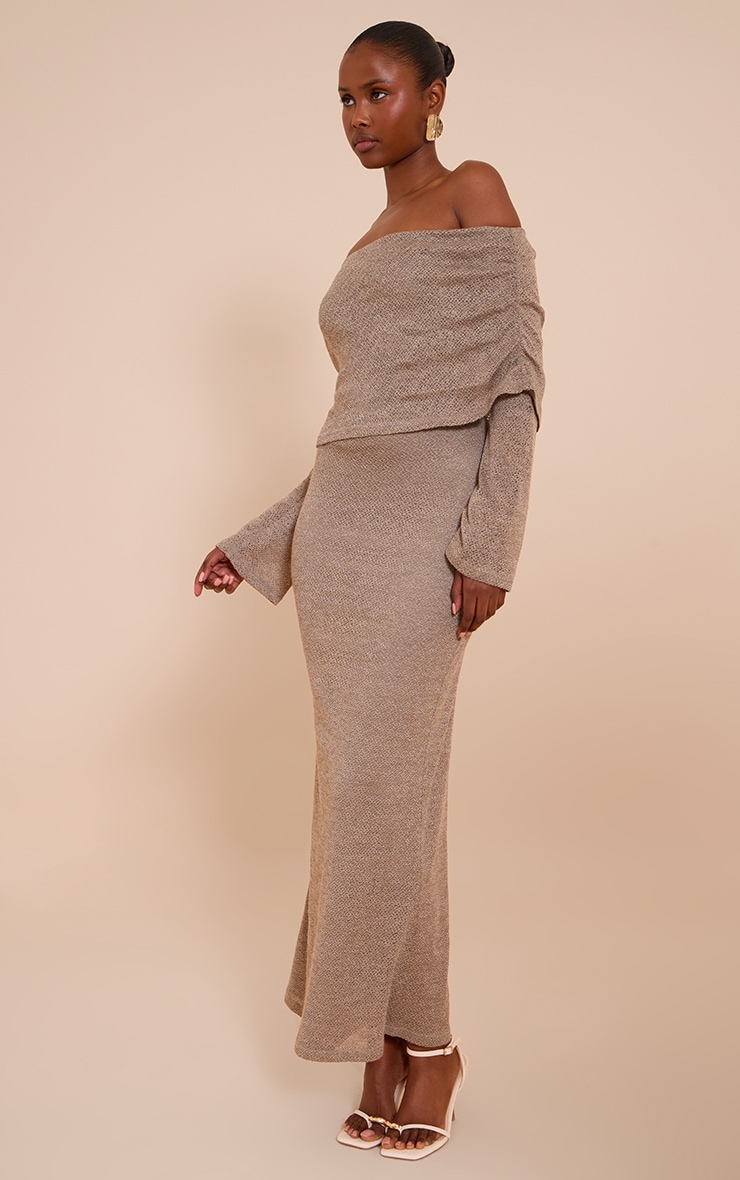 Mocha Textured Bardot Foldover Maxi Dress image 1