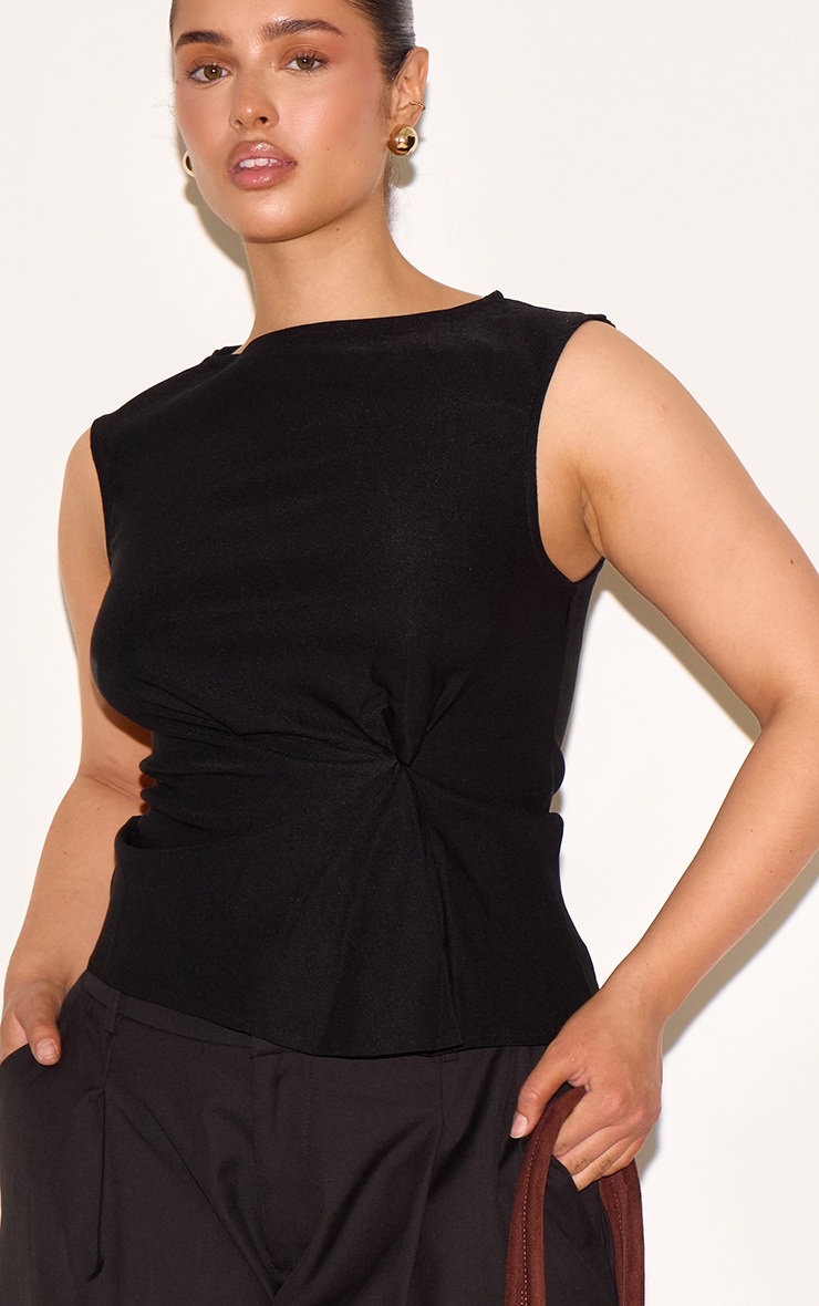 Shape Black Stretch Woven Boat Neck Pleated Peplum Top image 4