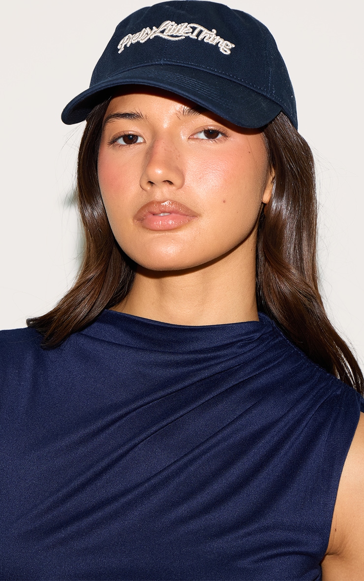Pretty Little Thing Cream Embroidered Navy Cap image 1
