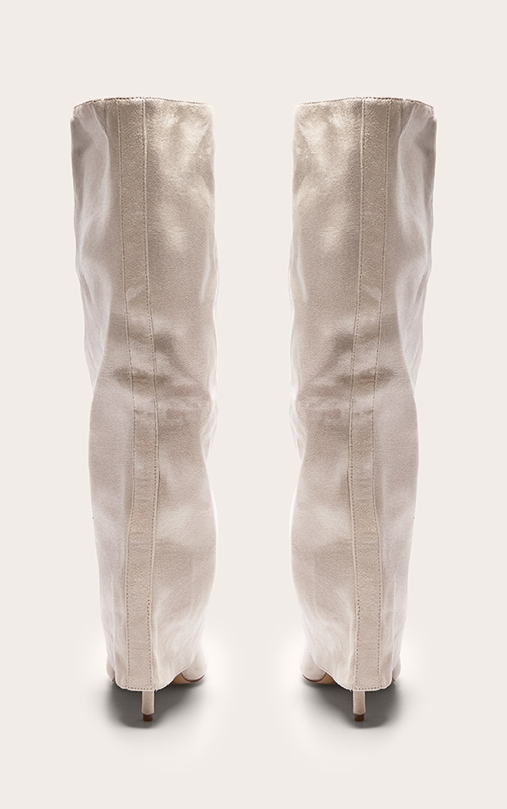 Stone Faux Suede Point Toe Fold Over High Stiletto Knee High Heeled Boots image 3