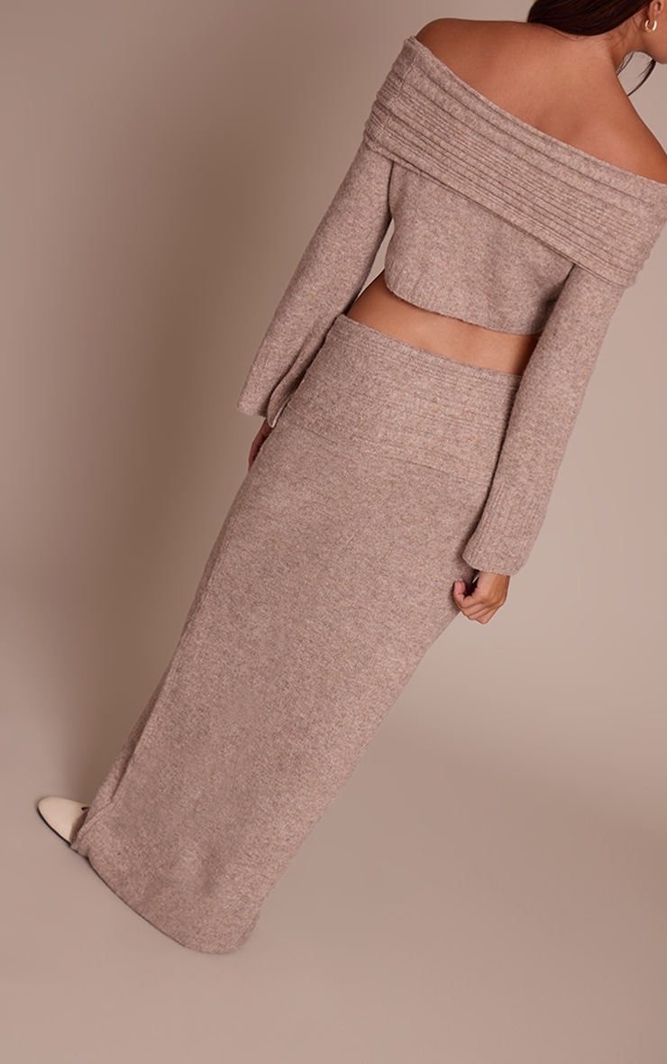 Jupe longue en maille tricot douce côtelée café au lait à taille repliée image 3