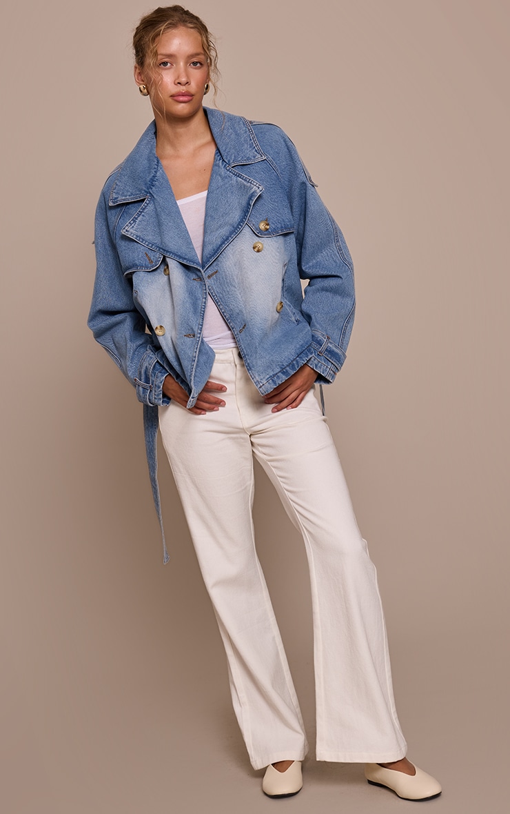 Mid Blue Wash Belted Cropped Button Detail Denim Trench image 3