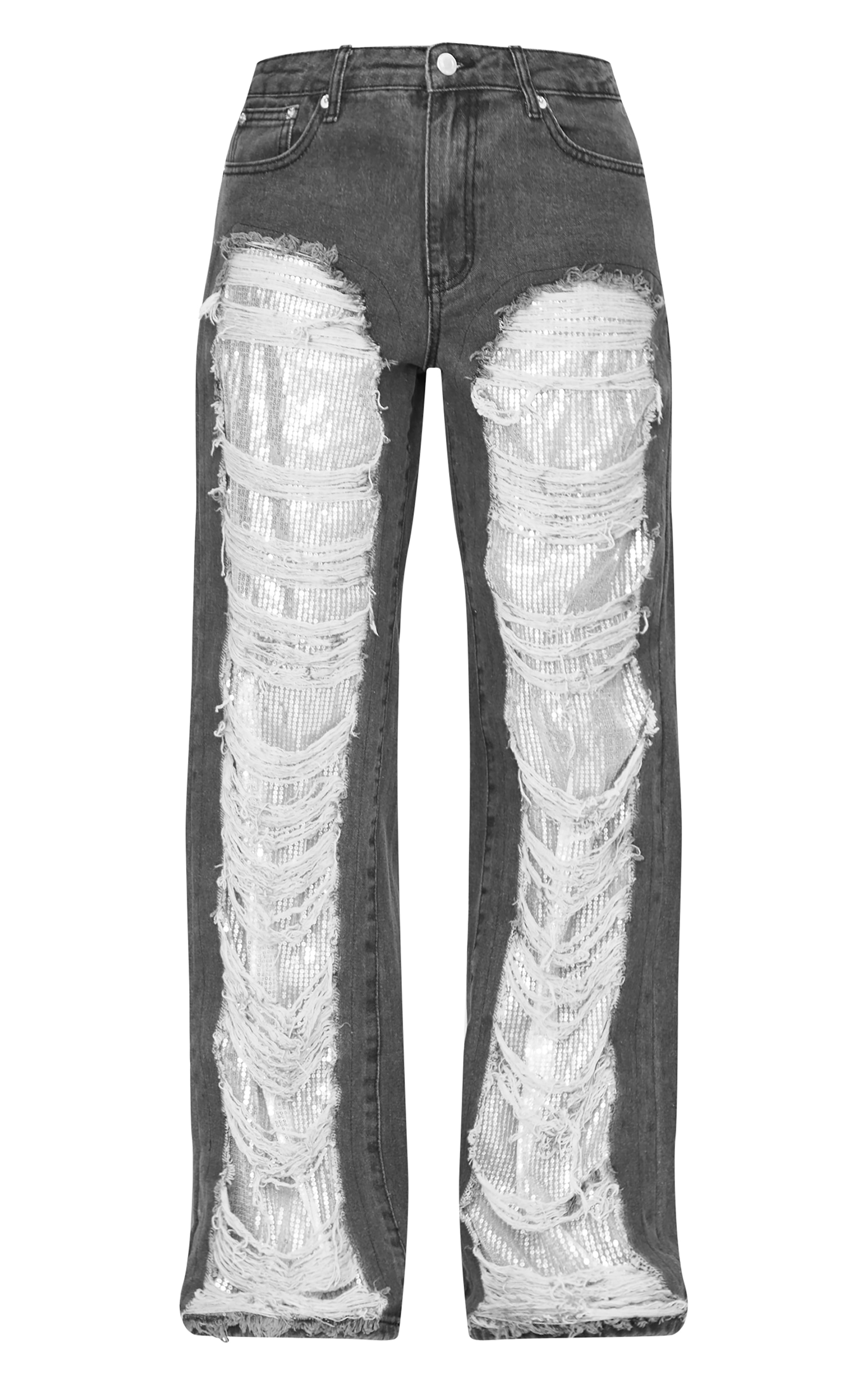 Washed Black Extreme Distressed Sequin Panel Straight Leg Jeans image 5