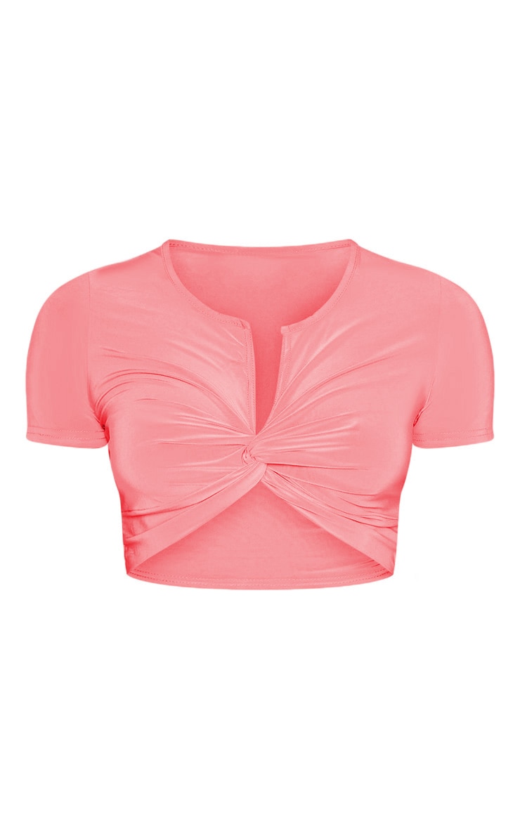 Coral Slinky Twist Front Short Sleeve Crop Top image 3
