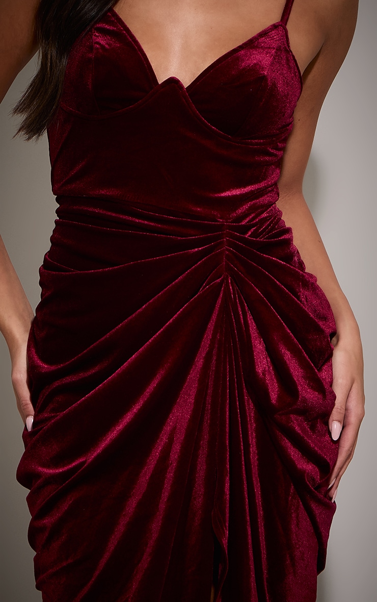Burgundy Velvet Underwired Strappy Draped Midi Dress image 4