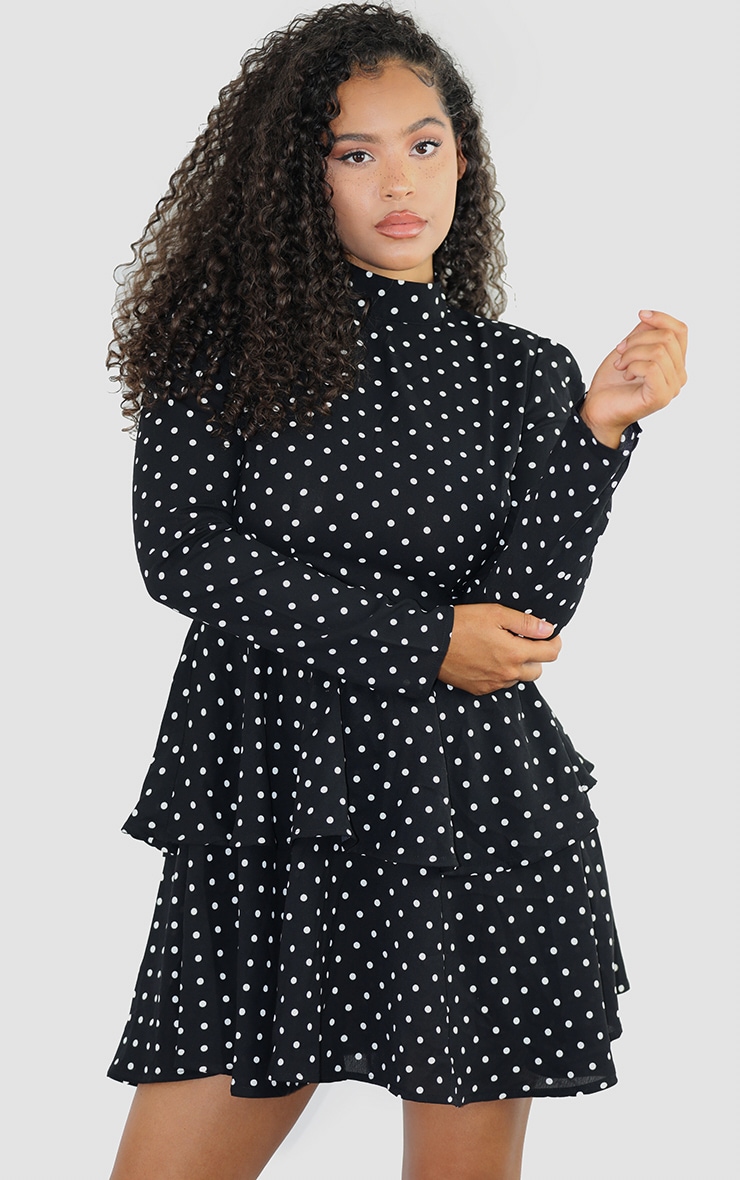Black Polka Dot High Neck Tiered Skater Dress