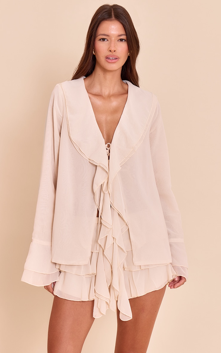 Top en mousseline de soie crème à décolleté volanté et manches longues image 1