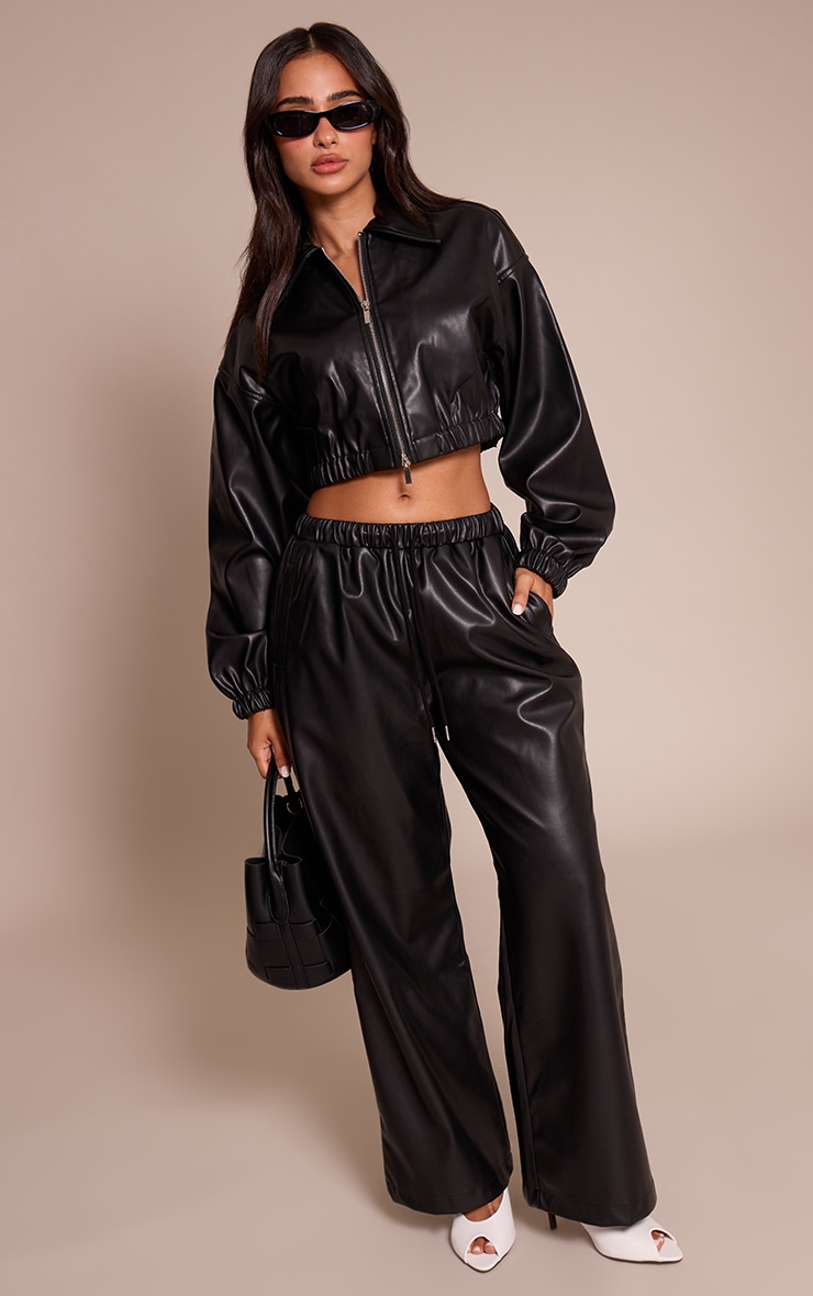 Petite Black Faux Leather Cropped Zip Up Jacket image 3