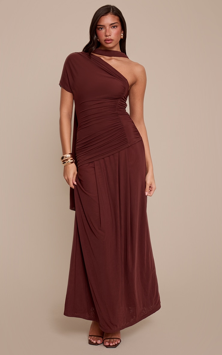 Chocolate Mesh Scarf Detail Ruched Maxi Dress image 1