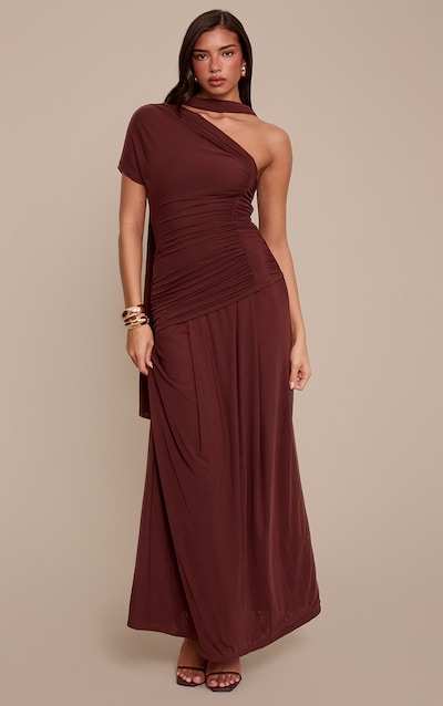 Chocolate Mesh Scarf Detail Ruched Maxi Dress