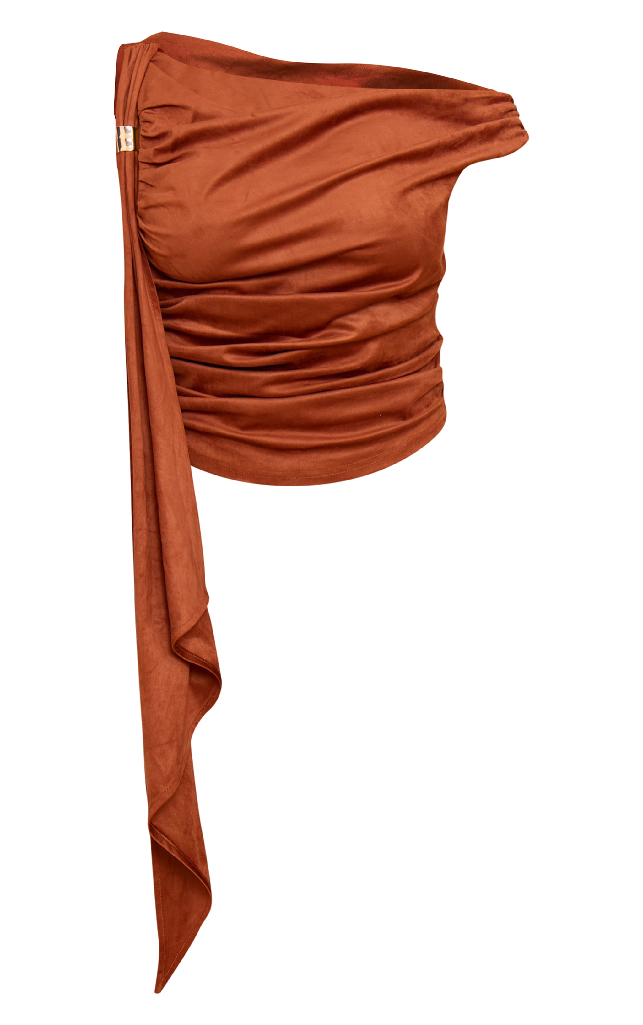 Shape Rust Faux Suede Off Shoulder Gold Trim Drape Top image 5