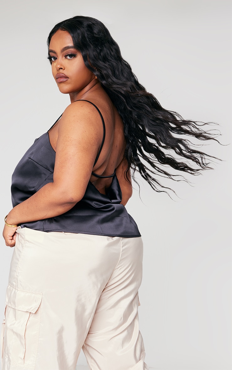 Plus Black Satin Strappy Long Top image 4