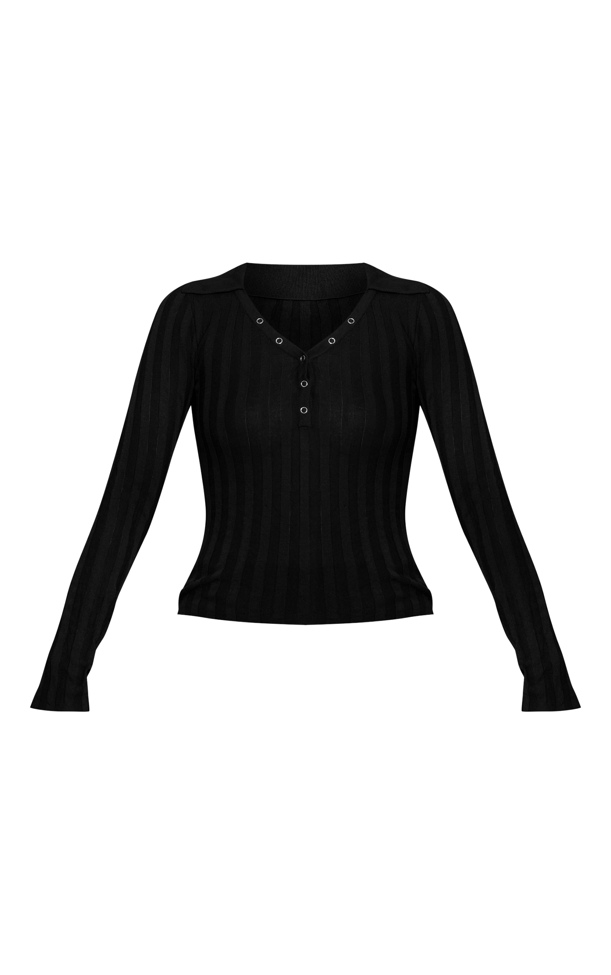 Black Ribbed Sheer Knit Polo Top image 5