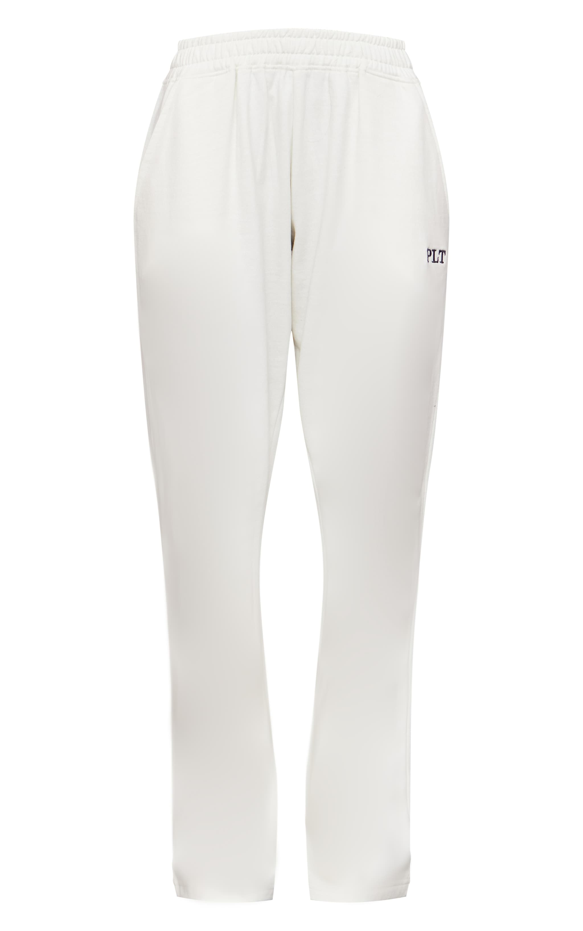 PRETTYLITTLETHING Cream Contrast Embroidery Wide Leg Low Rise Track Pants image 5