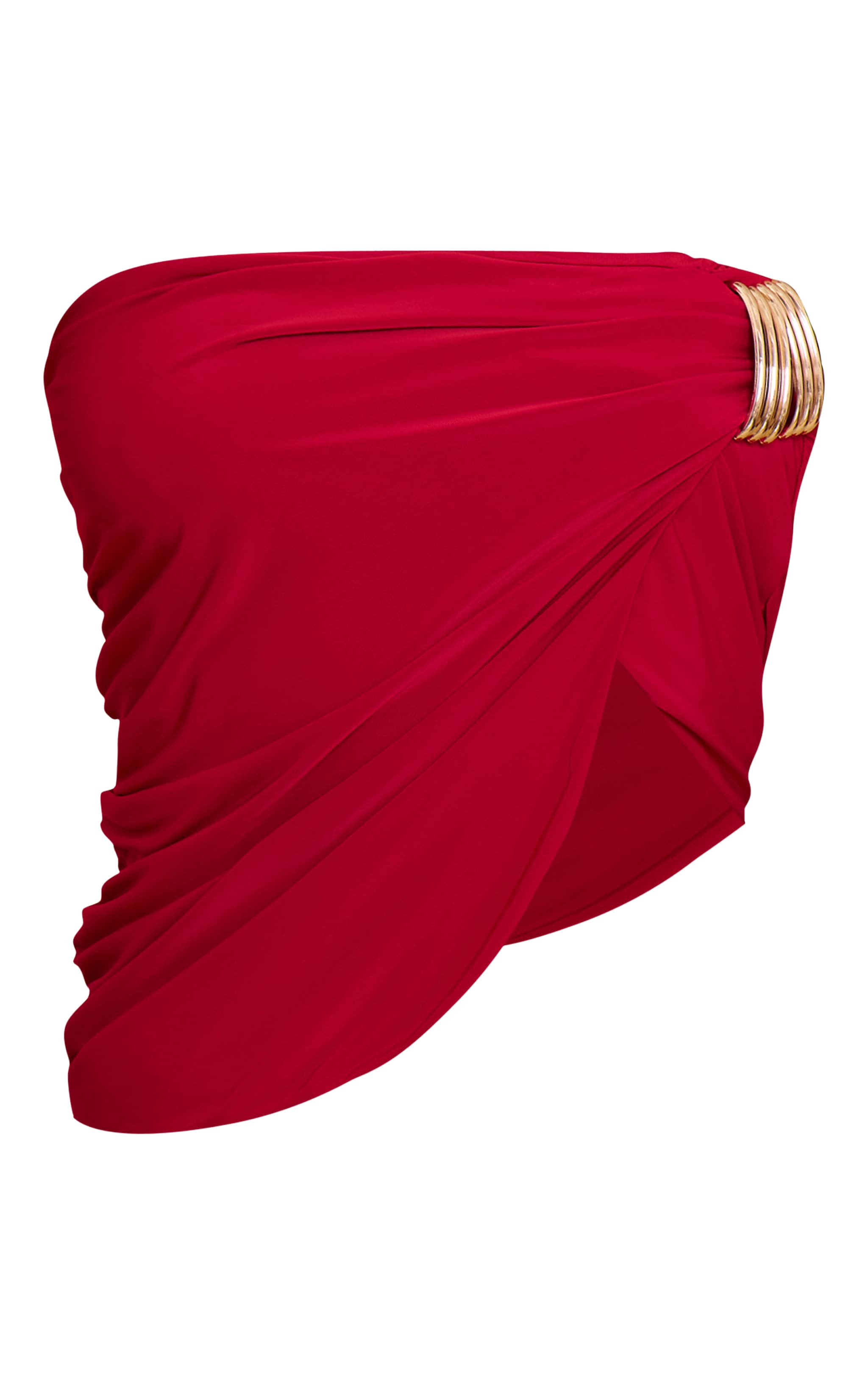 Tomato Red Double Layer Slinky Bandeau Split Hem Trim Top image 5