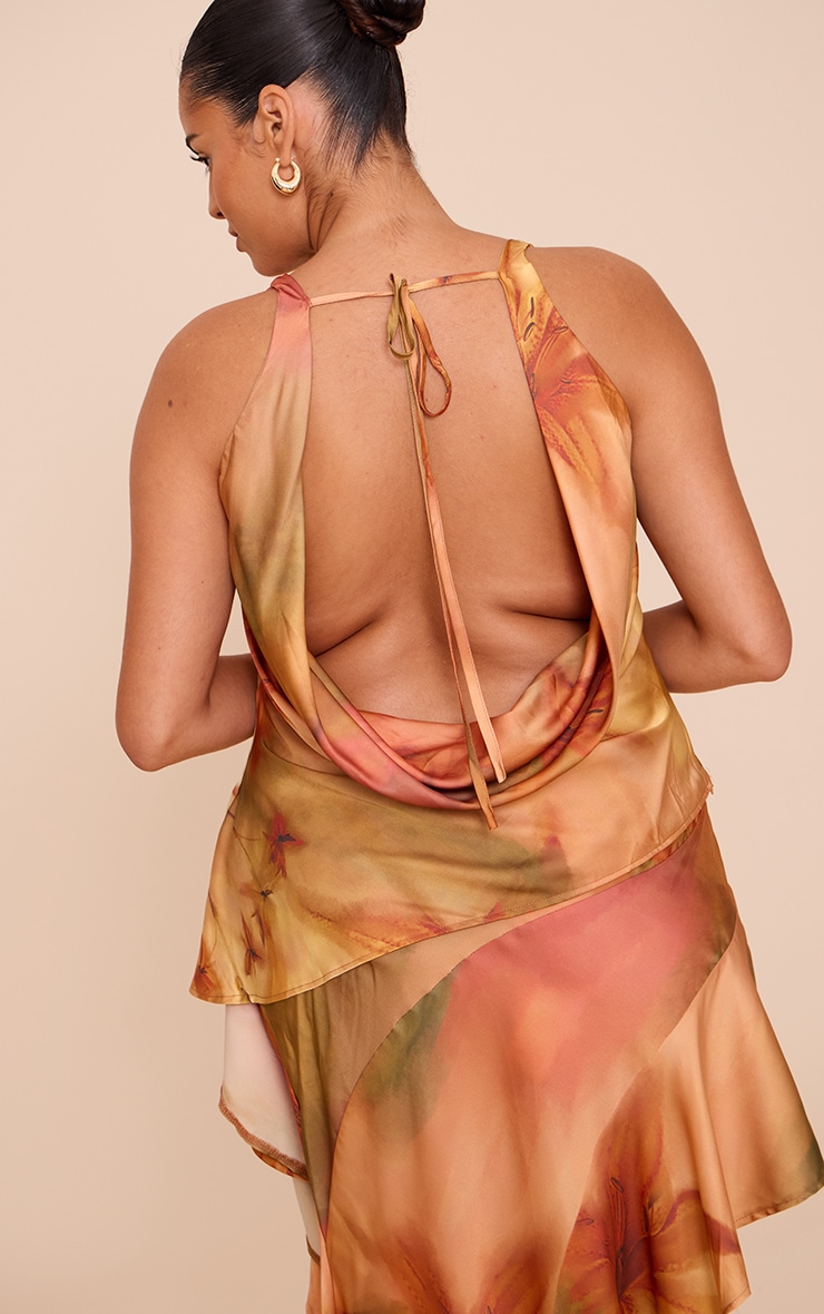Plus Burnt Orange Printed Satin Cowl Back Asymmetric Ruffle Top image 2