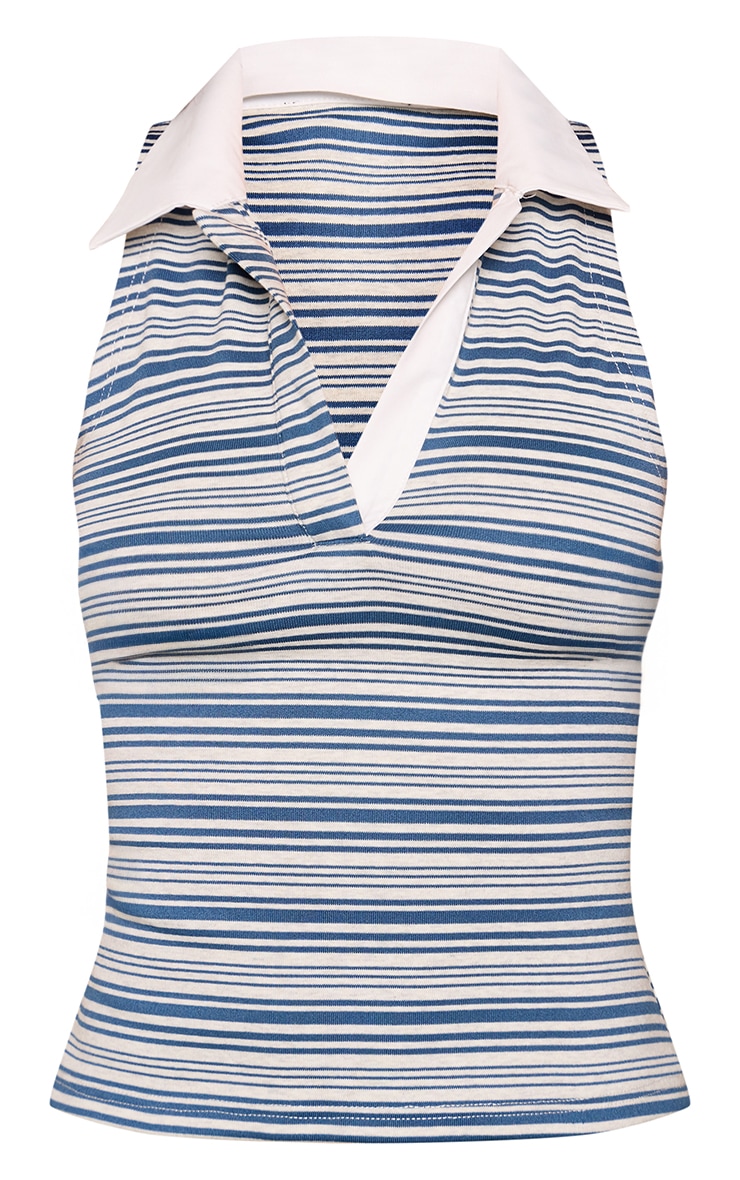 Blue Stripe Sleeveless Rugby Style Top image 5