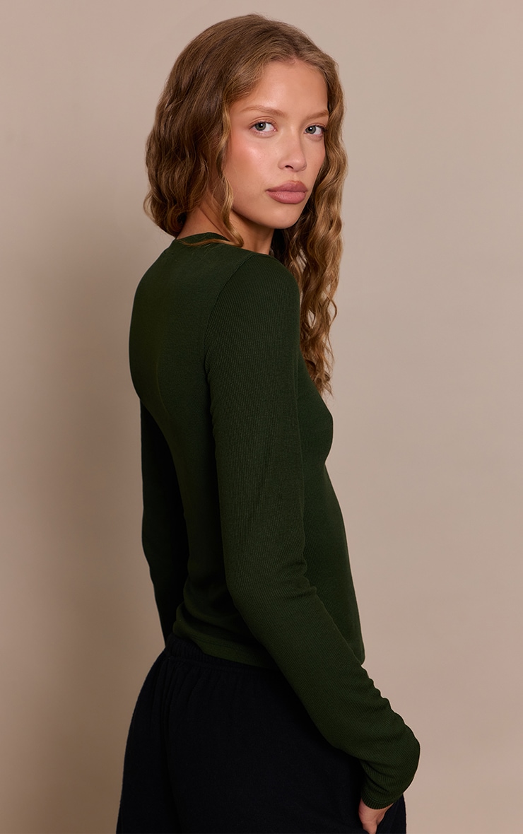 Dark Khaki Soft Rib Crew Neck Long Sleeve Top image 2