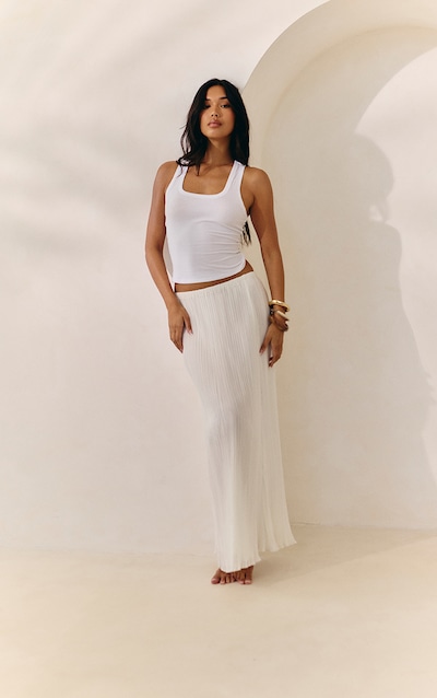 White Sheer Plisse Scalloped Hem Maxi Skirt